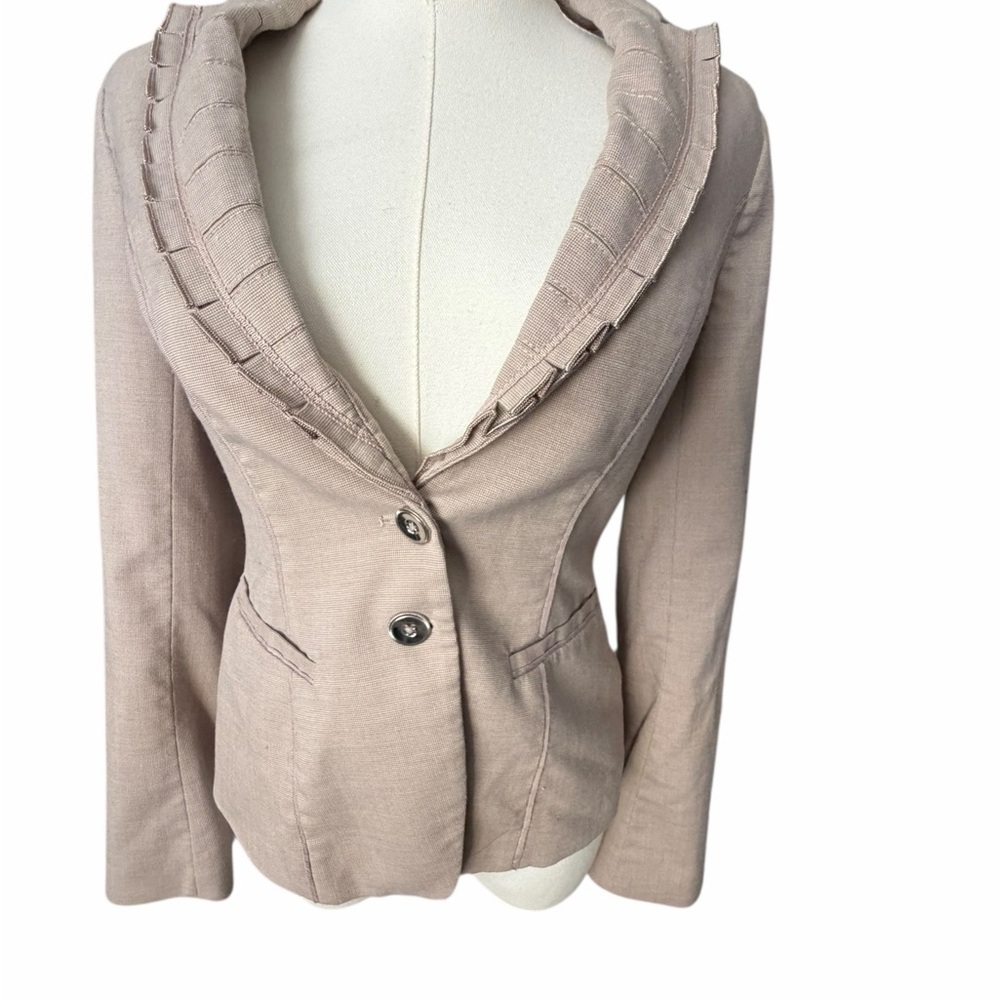 Cole Haan 2 Button Women's Ruffled Collar Lightweight Blazer - Beige Sz 2